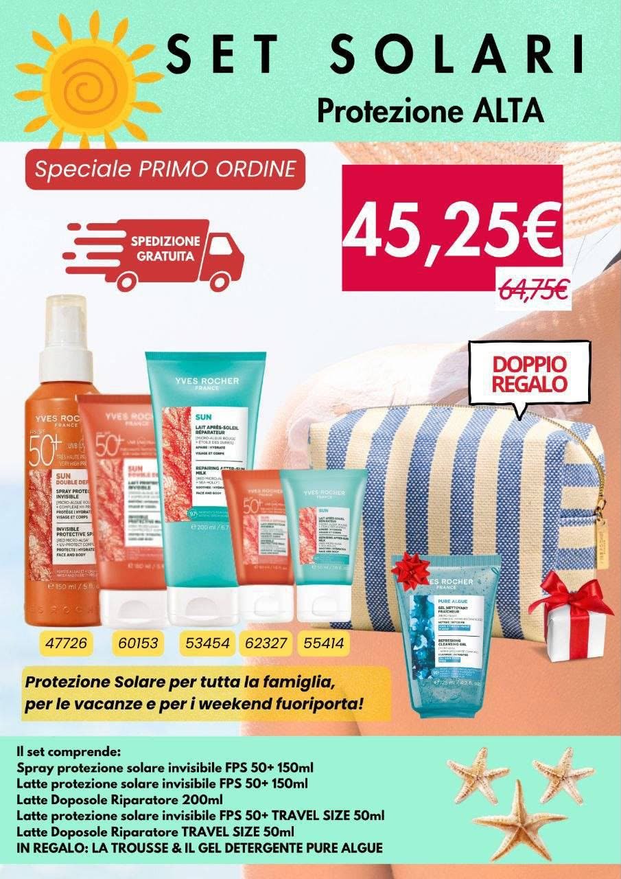 Volantino offerta Yves Rocher: Set Solari protezione alta (spray e latte solare FPS 50+, doposole, travel size), sei prodotti a 45,25€ anziché 64,75€, con trousse e gel detergente in regalo e spedizione gratuita sul primo ordine.