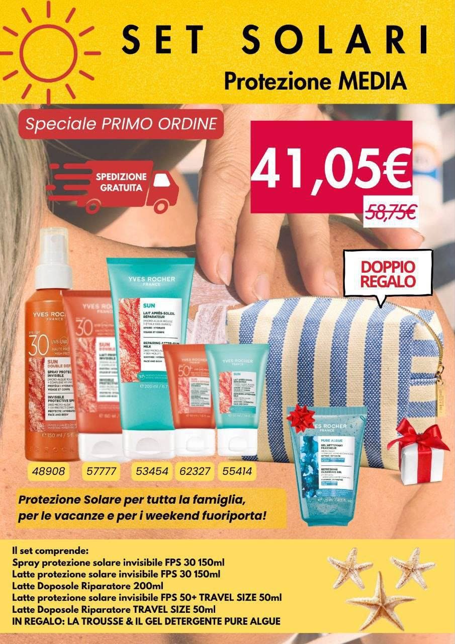Volantino offerta Yves Rocher: Set Solari protezione media (spray e latte solare FPS 30, doposole, travel size), sei prodotti a 41,05€ anziché 58,75€, con trousse e gel detergente in regalo e spedizione gratuita sul primo ordine.
